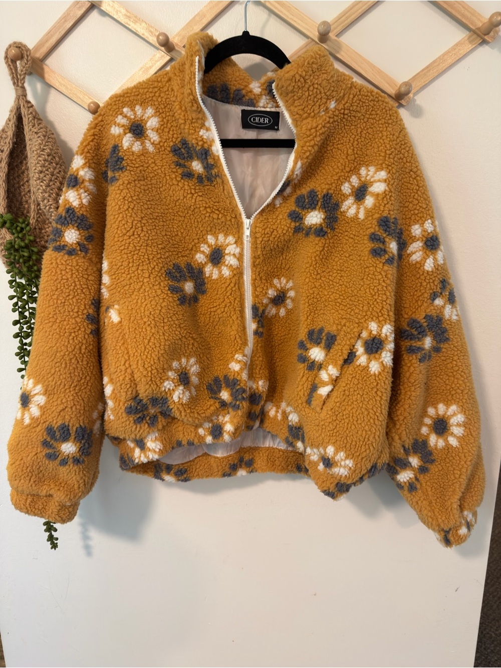 Cider Floral Sherpa Fleece Zip Up Jacket Medium Mustard Yellow - Picture 1 of 4